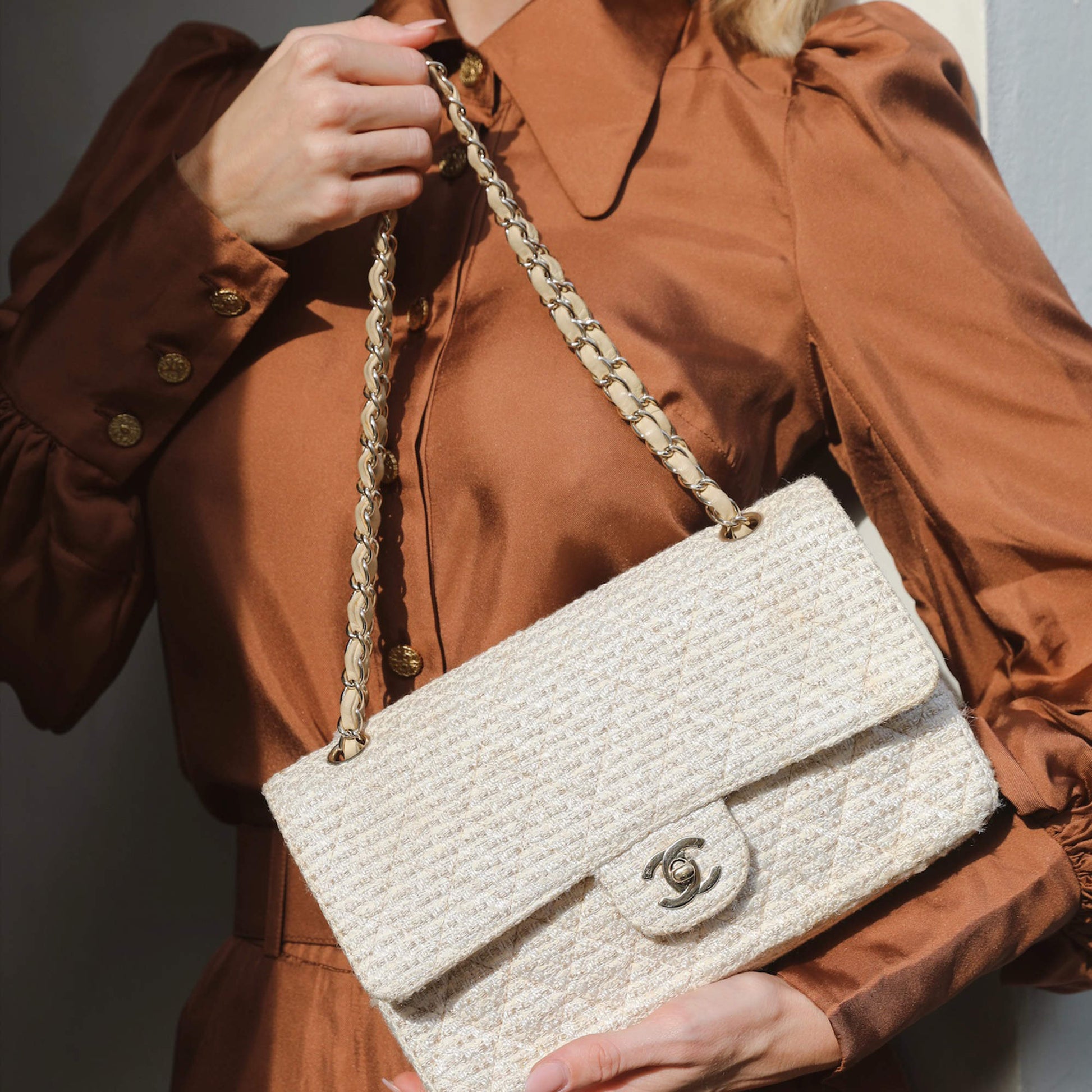 Chanel CLASSIC DOUBLE FLAP TWEED HARDWARE-HS Gold Ivory Handbag