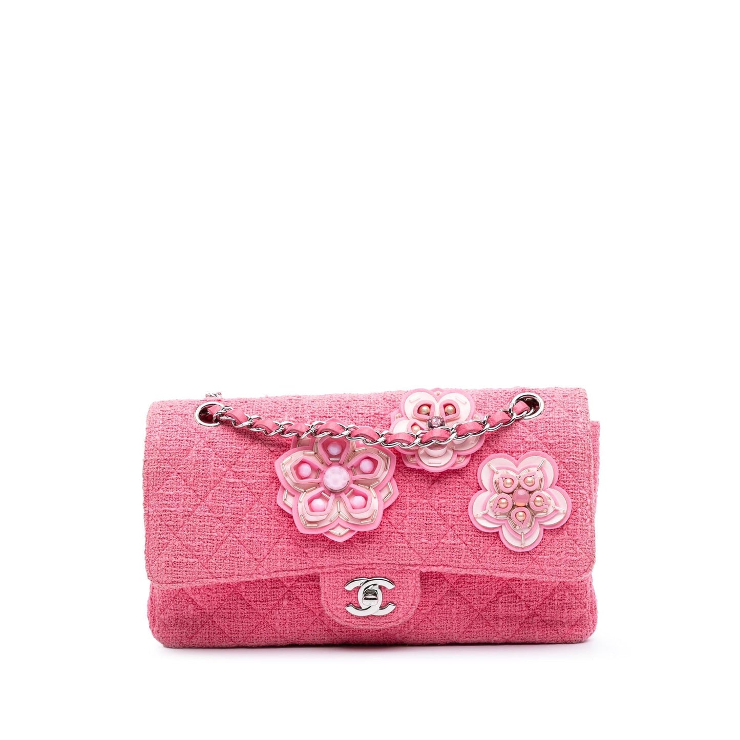 Chanel Classic Tweed Beaded Flower Double Flap Handbag