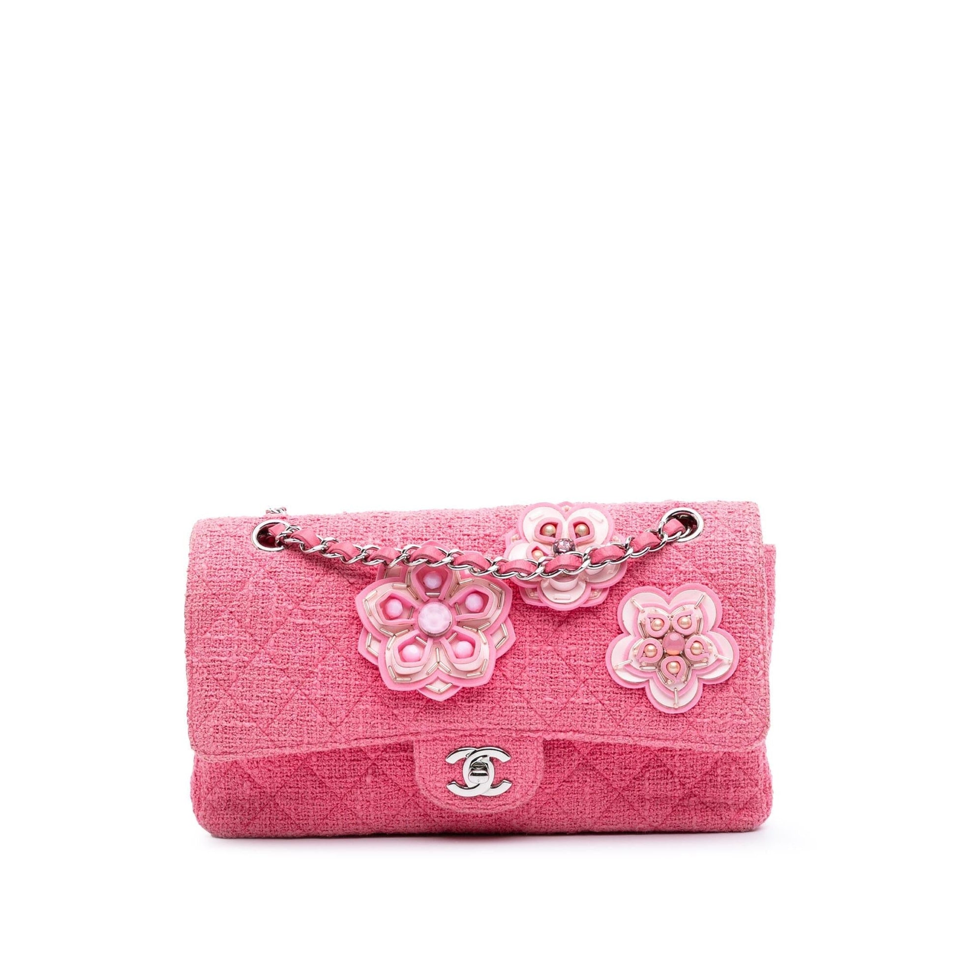 Chanel Classic Tweed Beaded Flower Double Flap Handbag