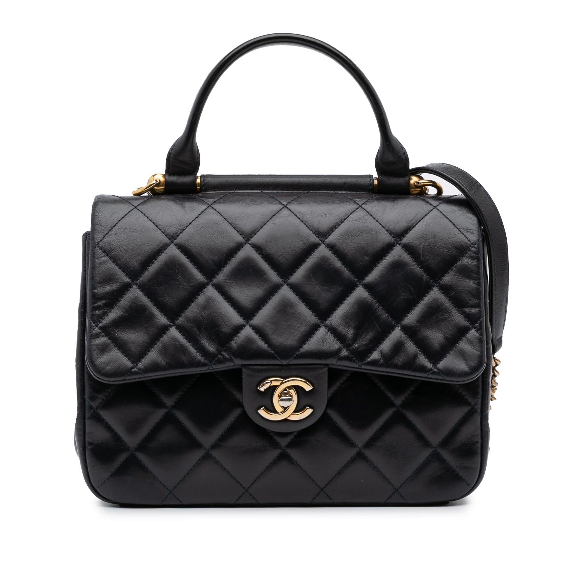 Chanel Quilted Glazed Calfskin Bar Top Handle Gold Handbag