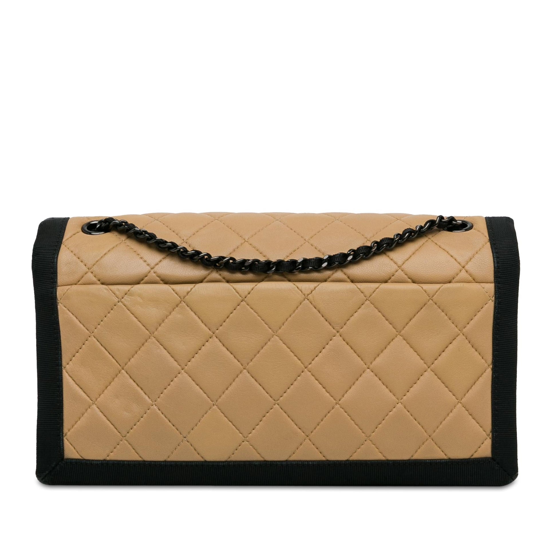 Chanel Quilted Lambskin Grosgrain Two Tone Flap Handbag