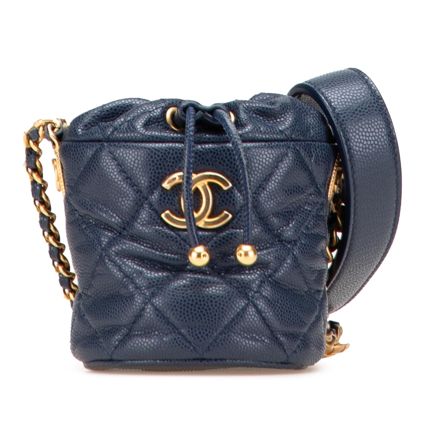 Chanel Quilted Caviar Medallion Charms Drawstring Bucket Key Chain