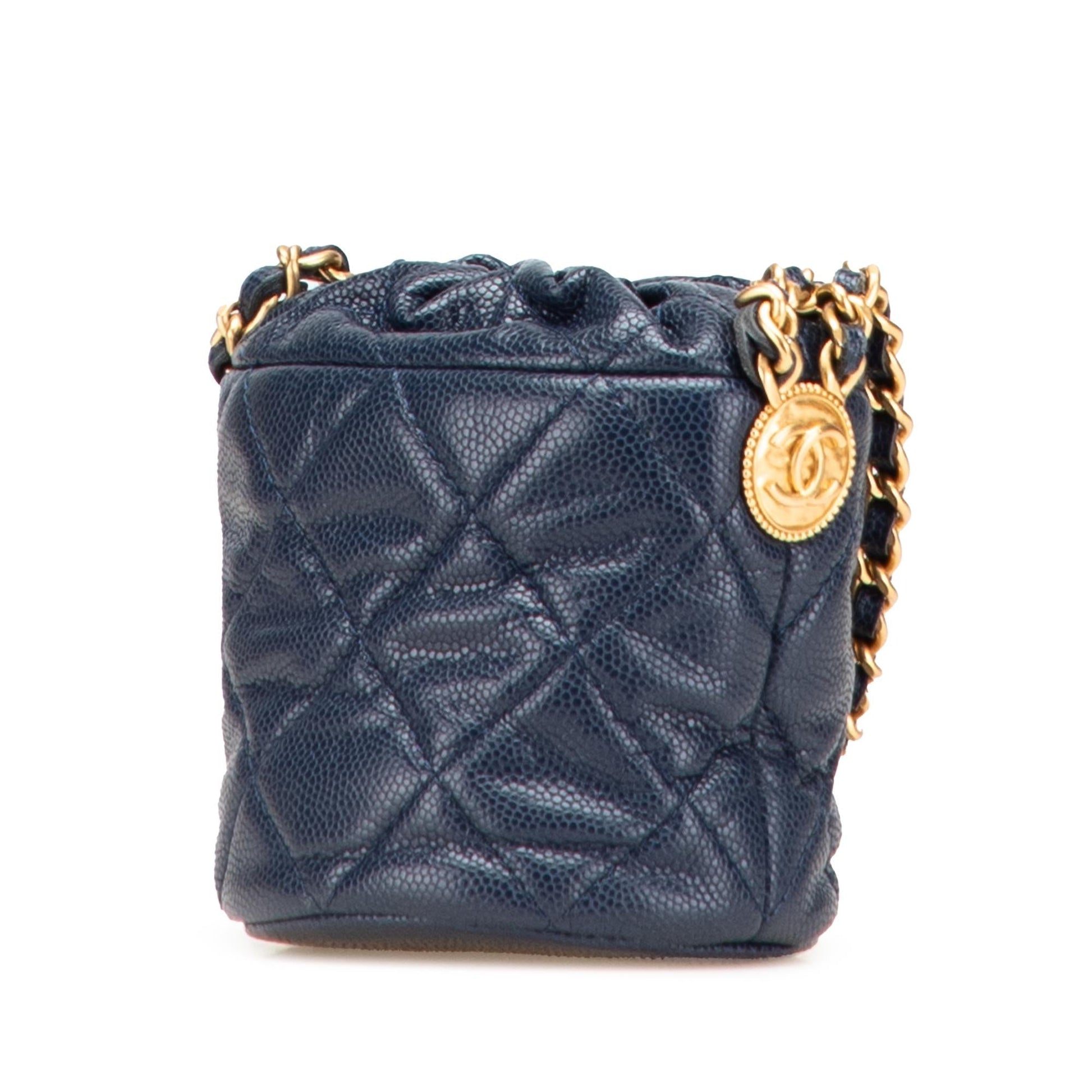 Chanel Quilted Caviar Medallion Charms Drawstring Bucket Key Chain Bag 1