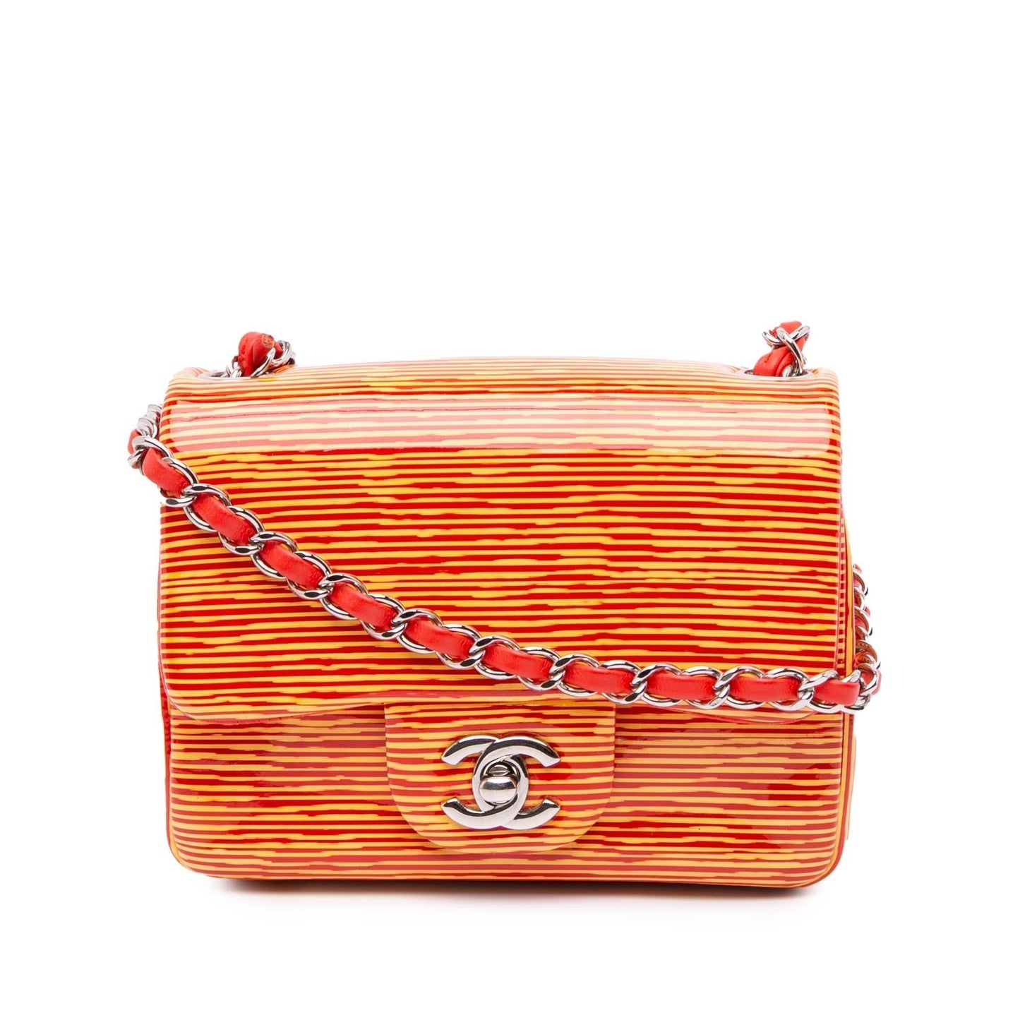 Chanel Square Classic Patent Striped Single Flap Mini Bag
