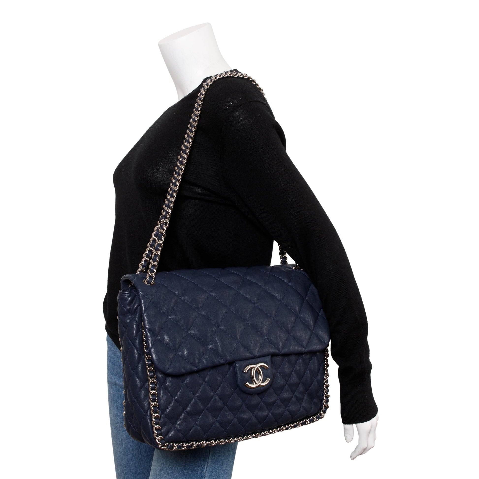 Chanel Navy Quilted Maxi Around Flap Leather Calfskin Travel Bag