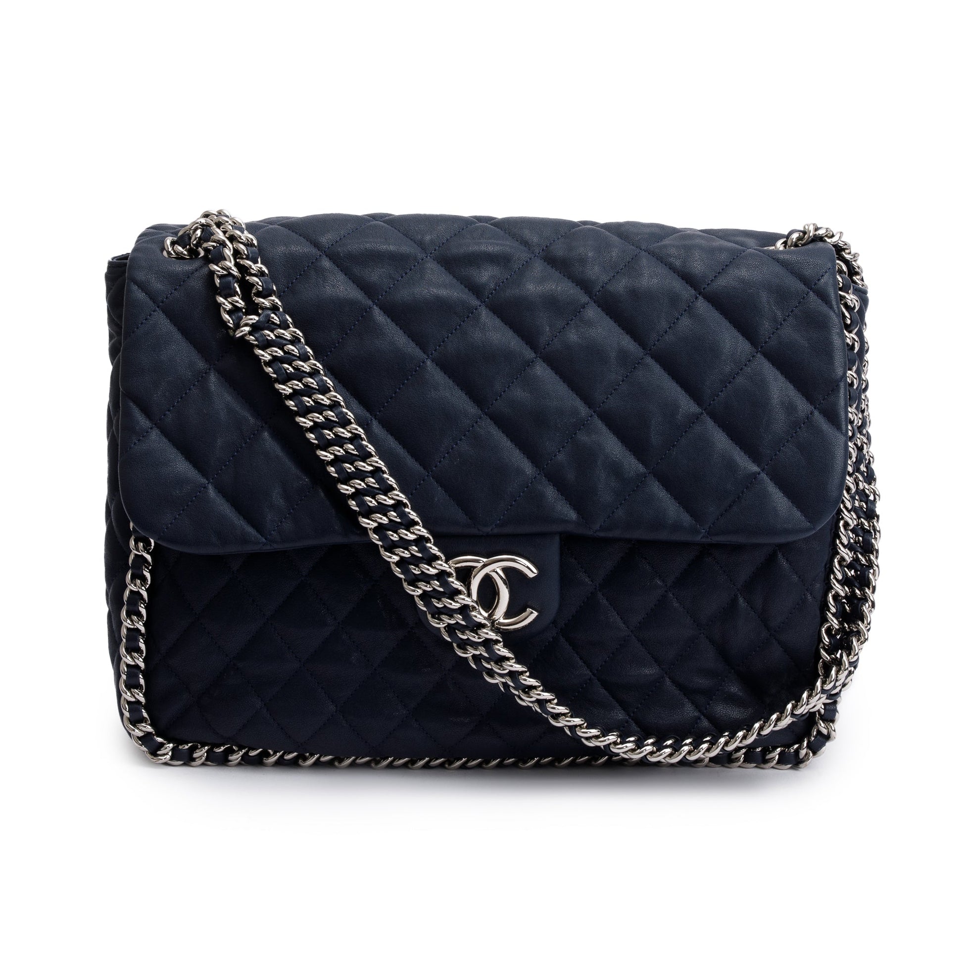 Chanel Navy Quilted Maxi Around Flap Leather Calfskin Travel Bag