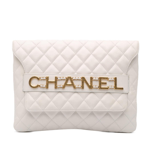 Chanel Quilted Calfskin Logo Enchained Clutch Bag