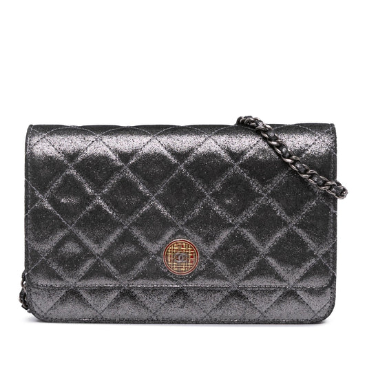 Chanel Quilted Iridescent Lambskin Tartan Button On Wallet Case Chain 2