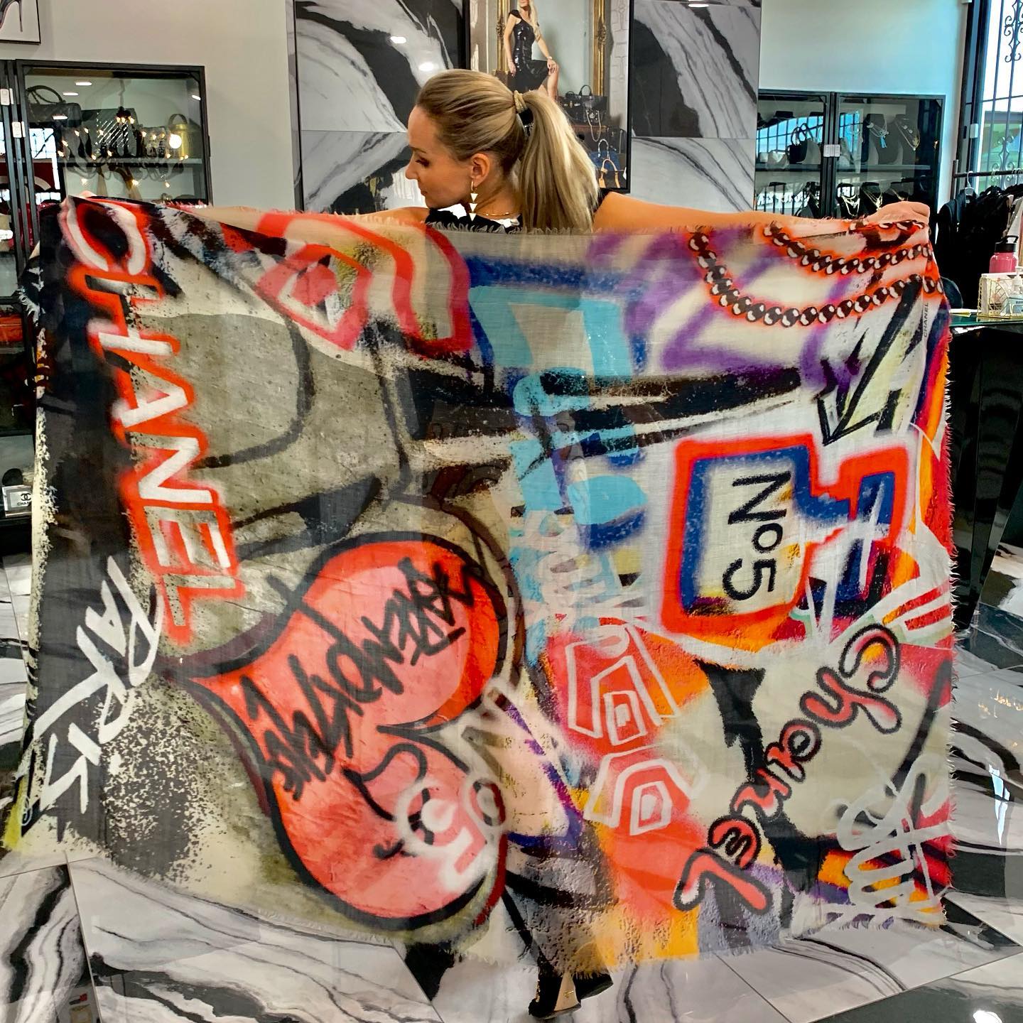 Chanel Graffiti Rare Cashmere Stole Scarf Wrap