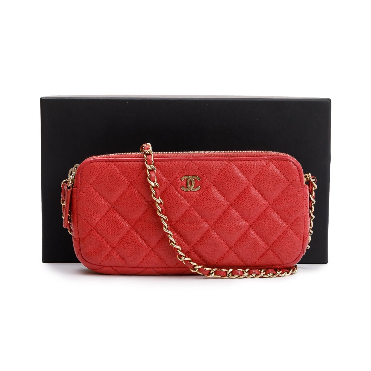 Chanel Quilted Caviar Classic Double Zip Leather Red Wallet Case