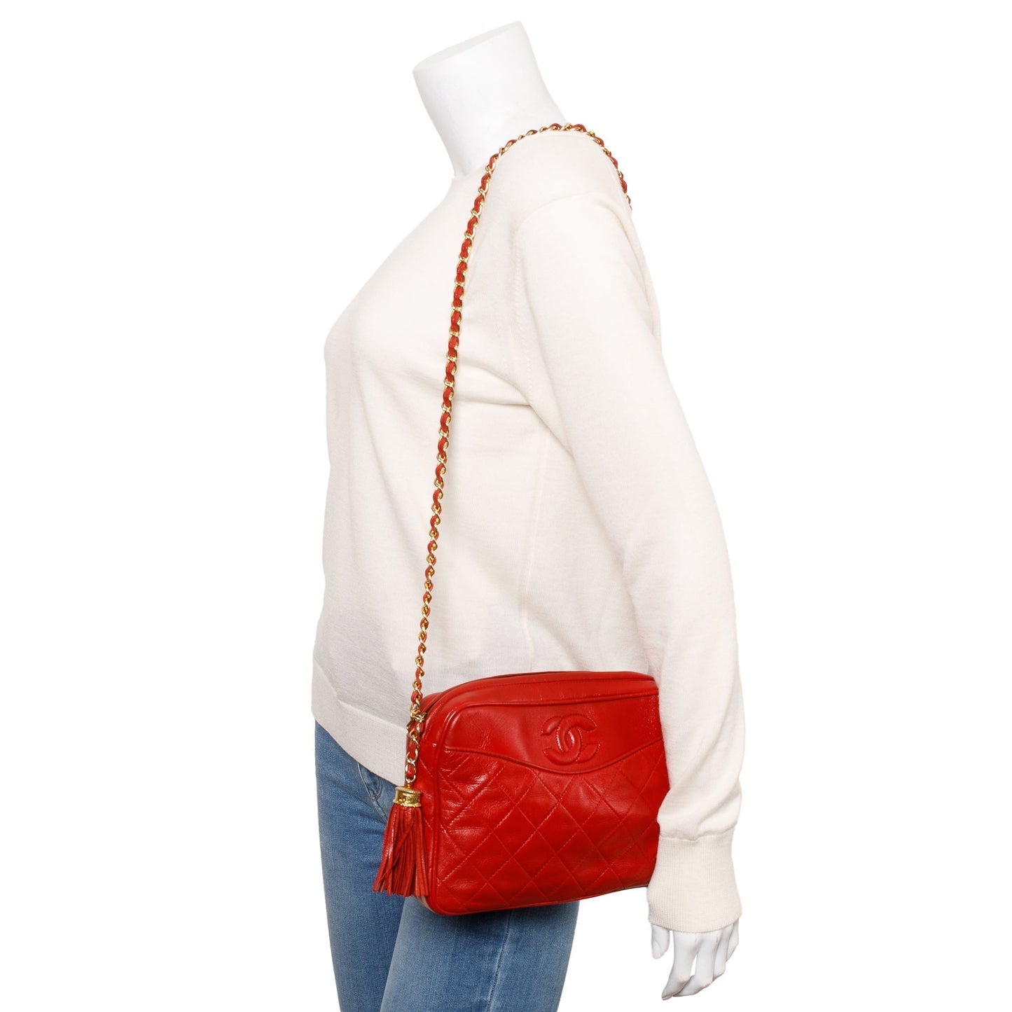 Chanel Quilted CC Tassel Camera Leather Red Travel Bag