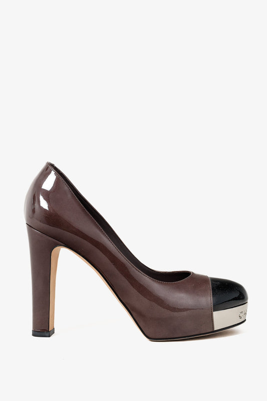 Chanel Brown Patent Leather Platform Pumps