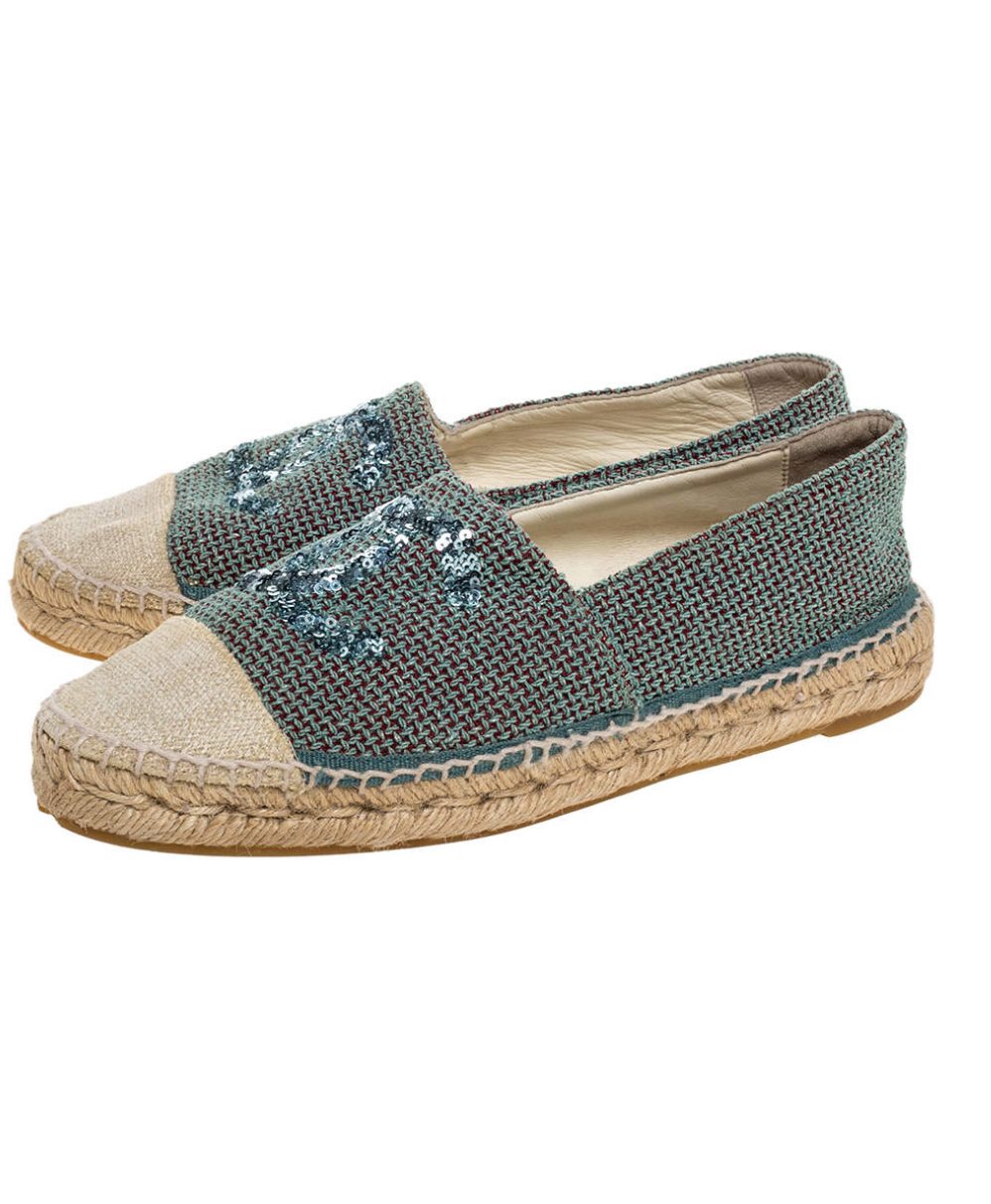 Chanel Sequin CC Espadrille Flats Green Beige Canvas Shoes