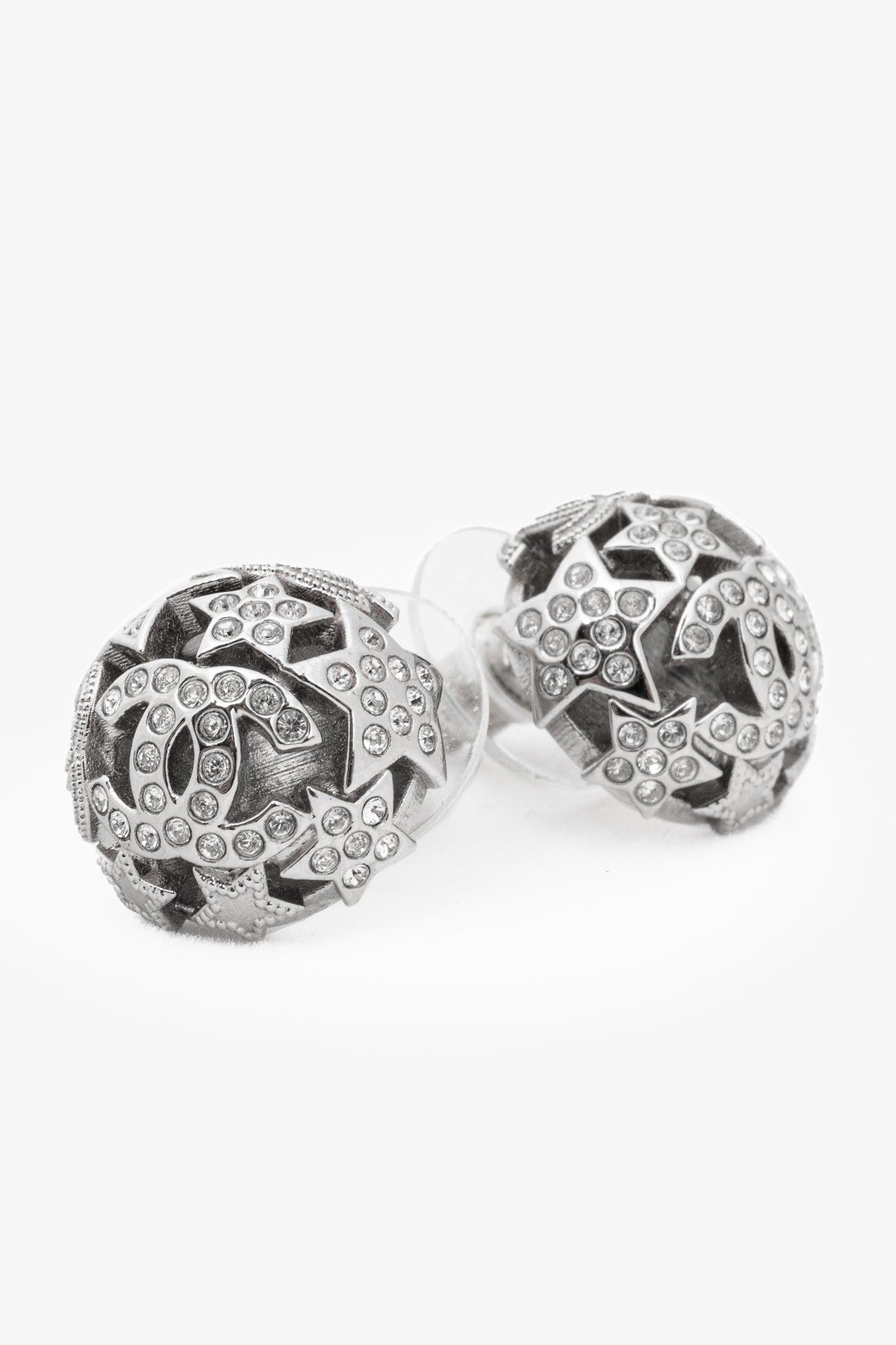 Chanel Silver-Tone Crystal Star Domed Stud Earrings Jewelry
