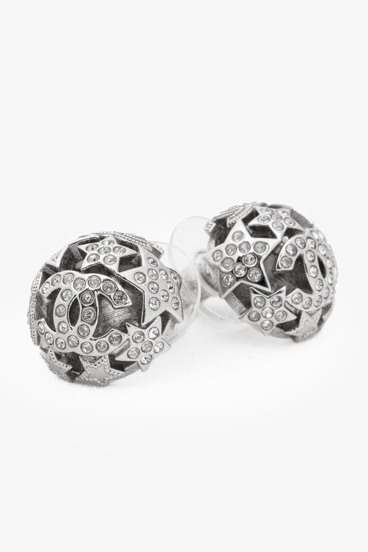 Chanel Silver-Tone Crystal Star Domed Stud Earrings Jewelry