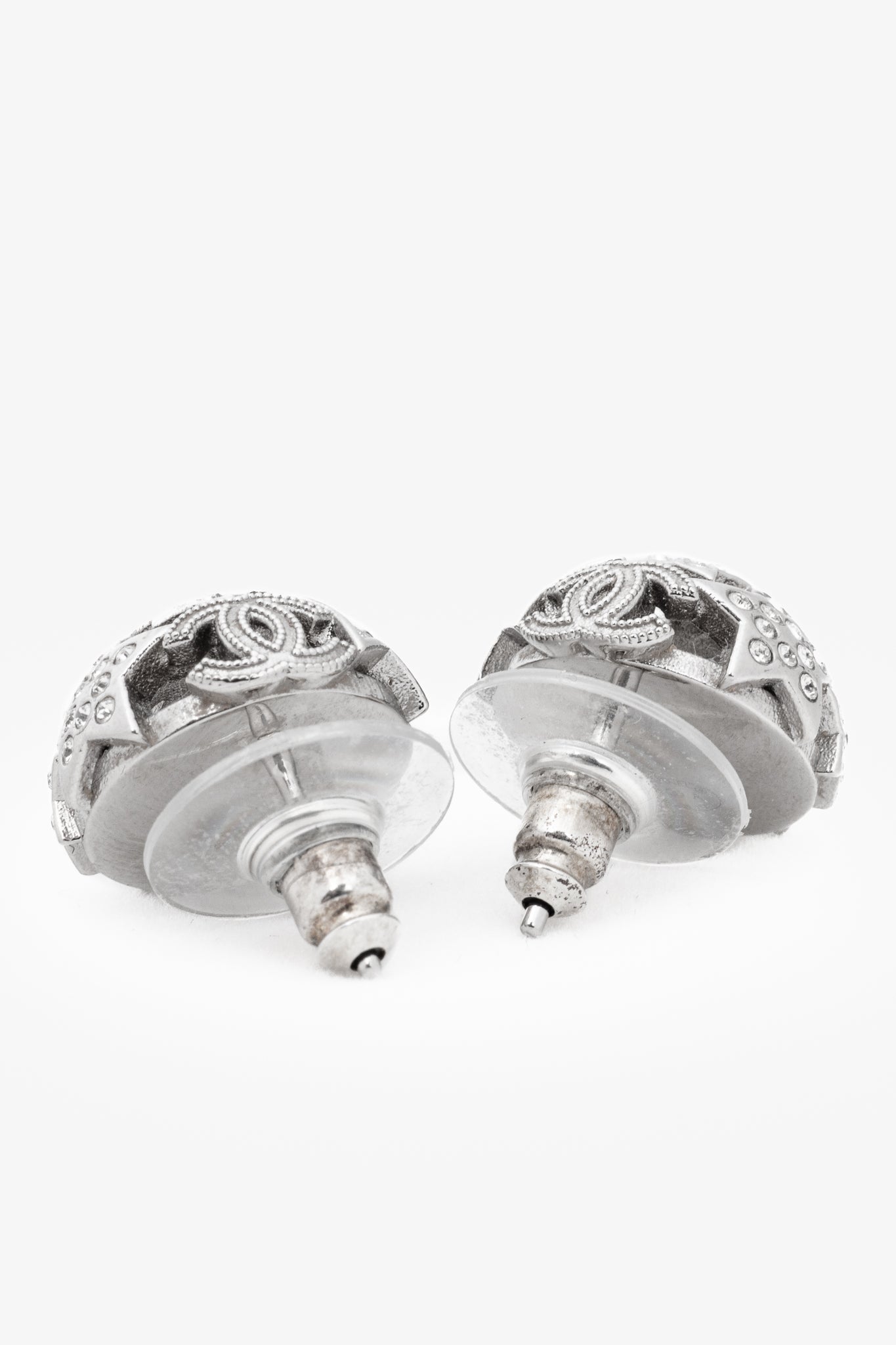 Chanel Silver-Tone Crystal Star Domed Stud Earrings Jewelry