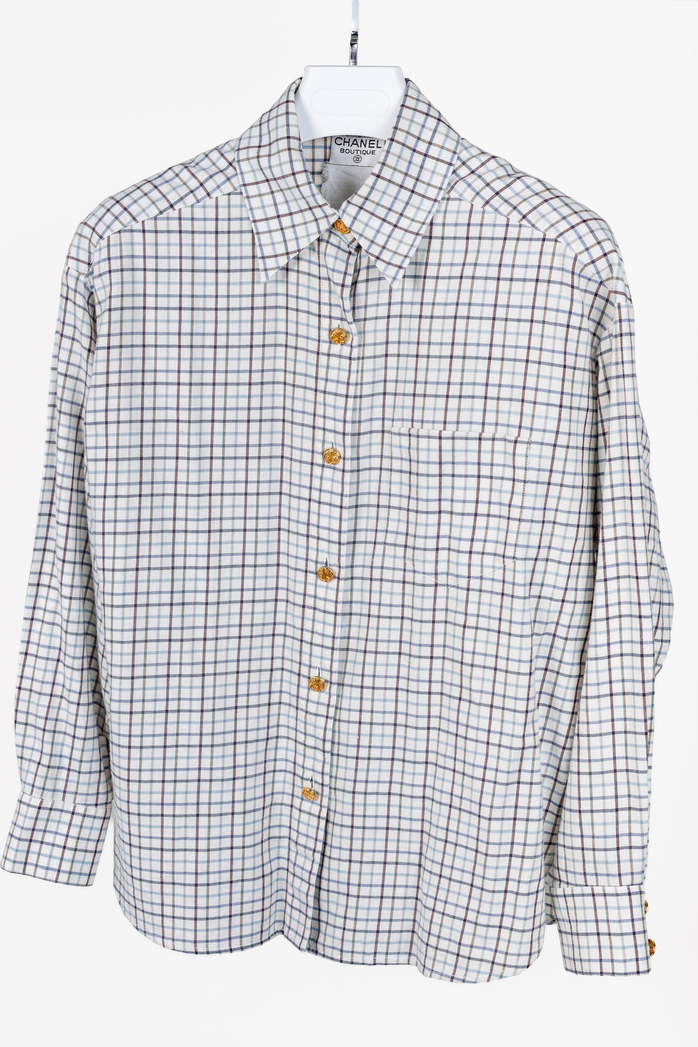 Chanel Boutique White Plaid Buttoned Flannel Apparel