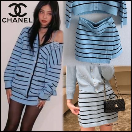 Chanel Baby Blue Knitted Striped Skorts in 100% Cashmere (Model: ) Accessory
