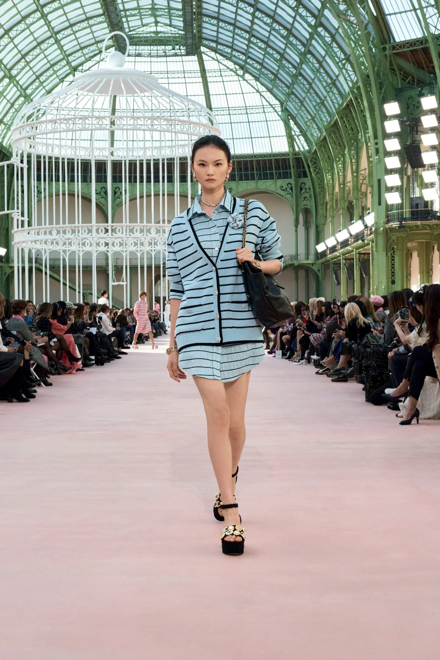 Chanel Long Sleeved Shirt in Blue with Black Stripes 100% Silk (Model: )