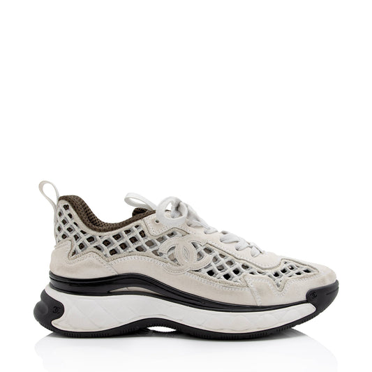 Chanel Suede Calfskin Embroidered CC Sneakers - Size 8 / 38 ()