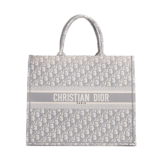Dior Christian Grey & Neutral Oblique Embroidery Book Large Tote Bag