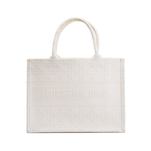 Dior Christian Cannage Embroidery Book Tote Handbag White Medium Tote Bag