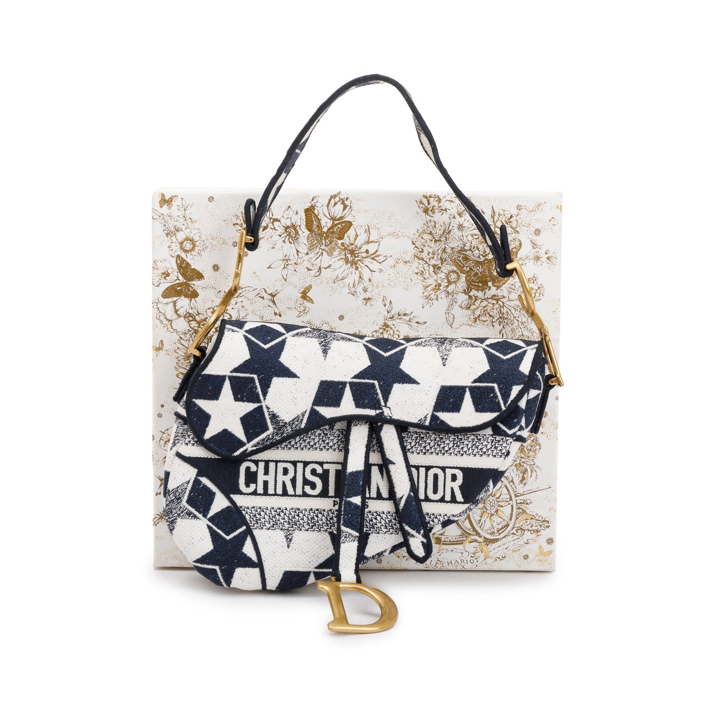 Dior Christian Navy & Stars Embroidered Saddle Bag White Travel Bag