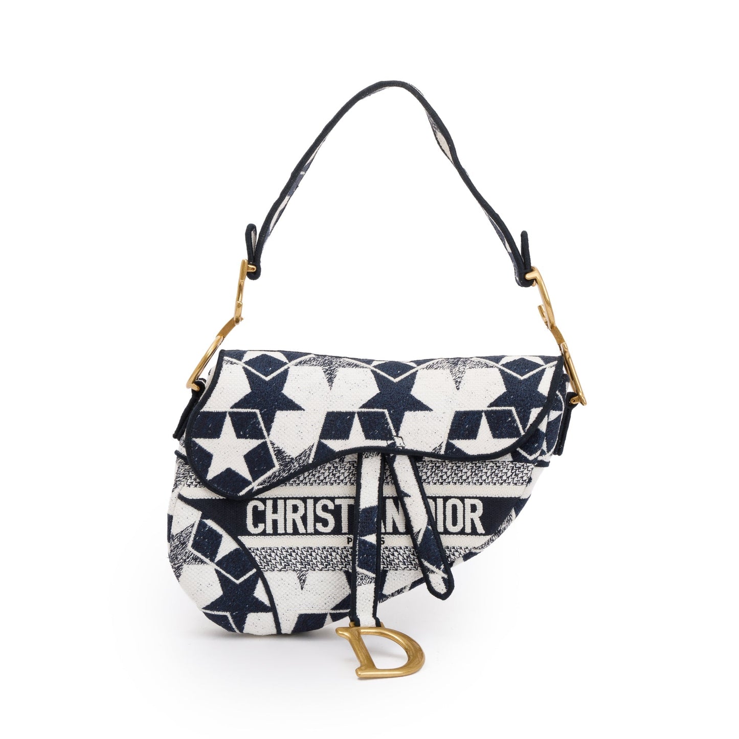 Dior Christian Navy & Stars Embroidered Saddle Bag White Travel Bag