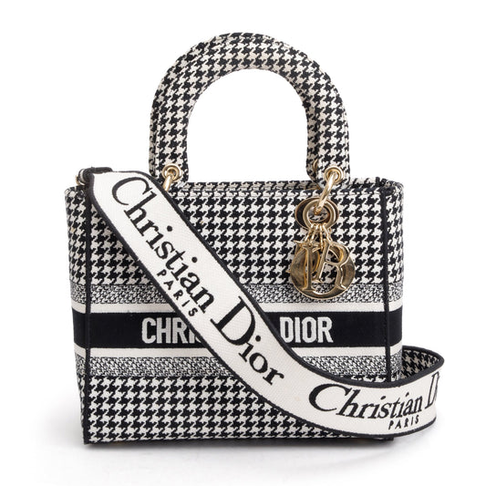 Dior Christian Houndstooth Embroidered Medium Lady D Lite Black White Travel Bag