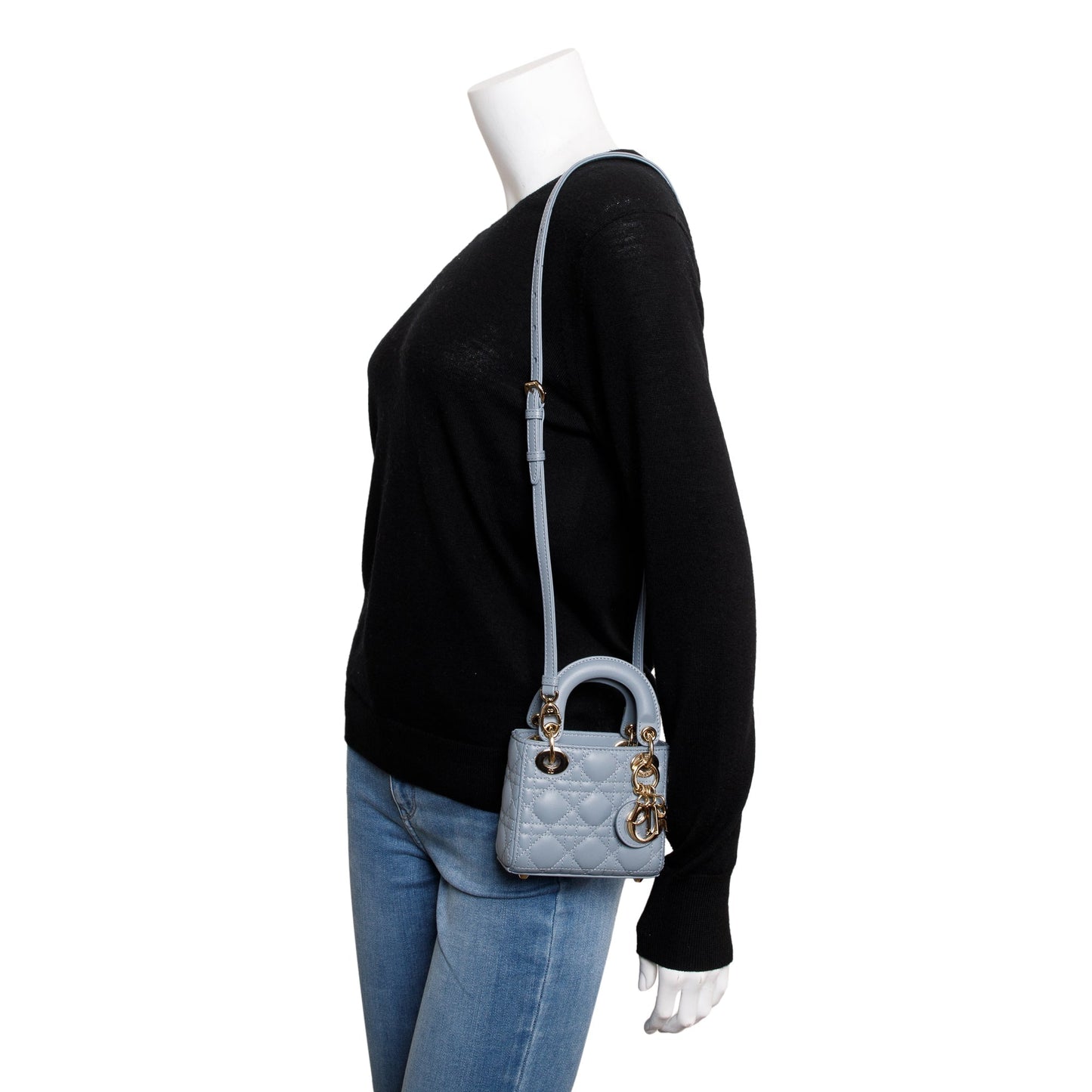 Dior Christian Cannage Lambskin Micro Lady Bag Leather Blue Travel Bag