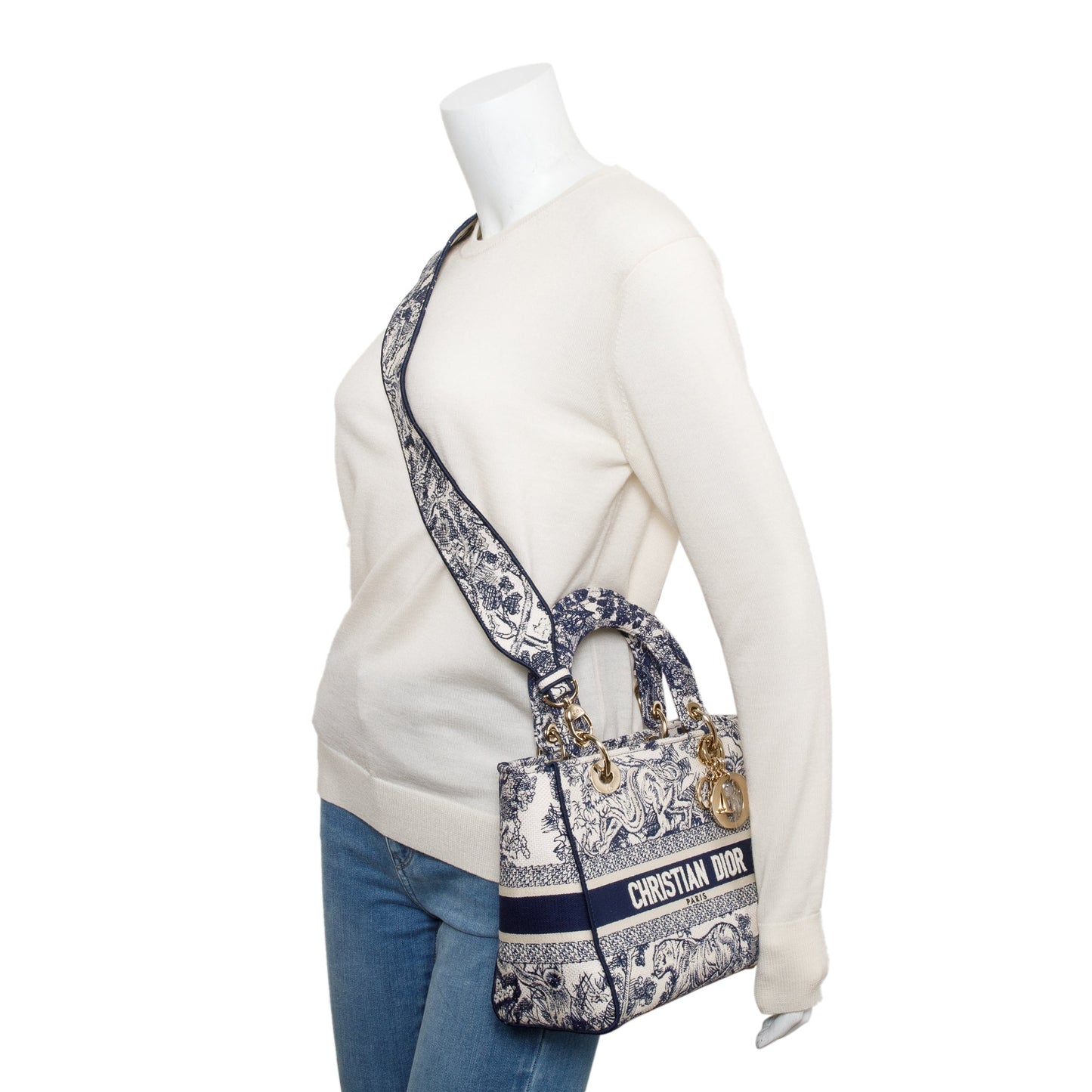 Dior Christian Toile De Jouy Reverse Embroidery Lady Blue Medium Travel Bag
