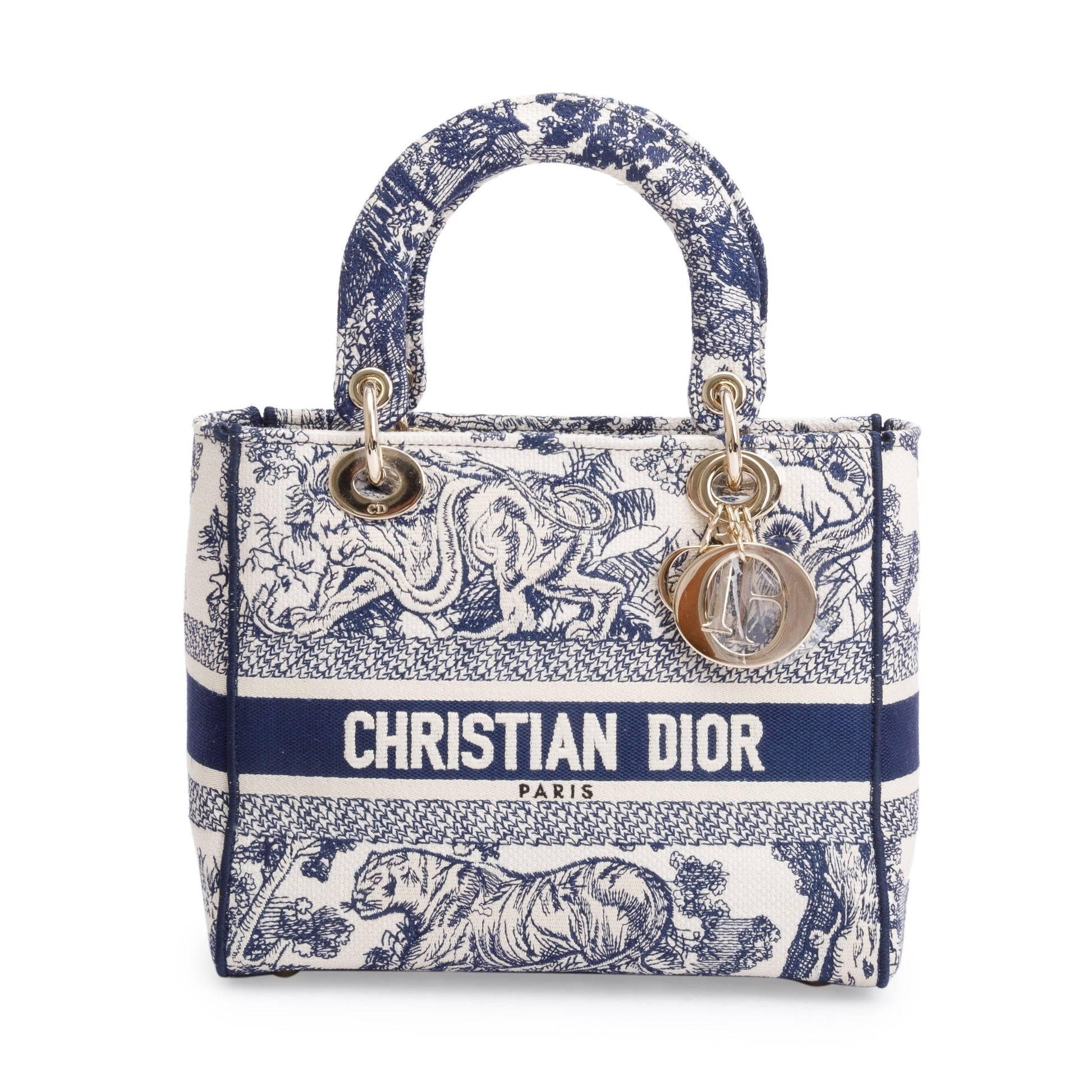 Dior Christian Toile De Jouy Reverse Embroidery Lady Blue Medium Travel Bag