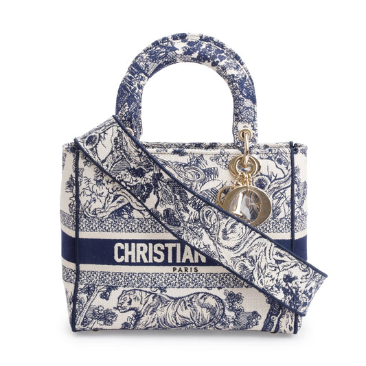 Dior Christian Toile De Jouy Reverse Embroidery Lady Blue Medium Travel Bag
