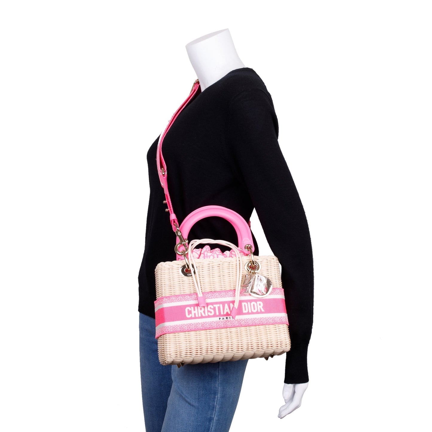 Dior Christian Natural Wicker Oblique Lady Bag Pink Medium Travel Bag
