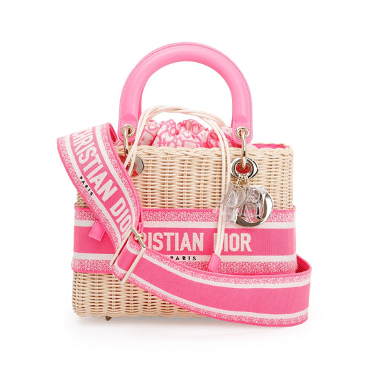 Dior Christian Natural Wicker Oblique Lady Bag Pink Medium Travel Bag