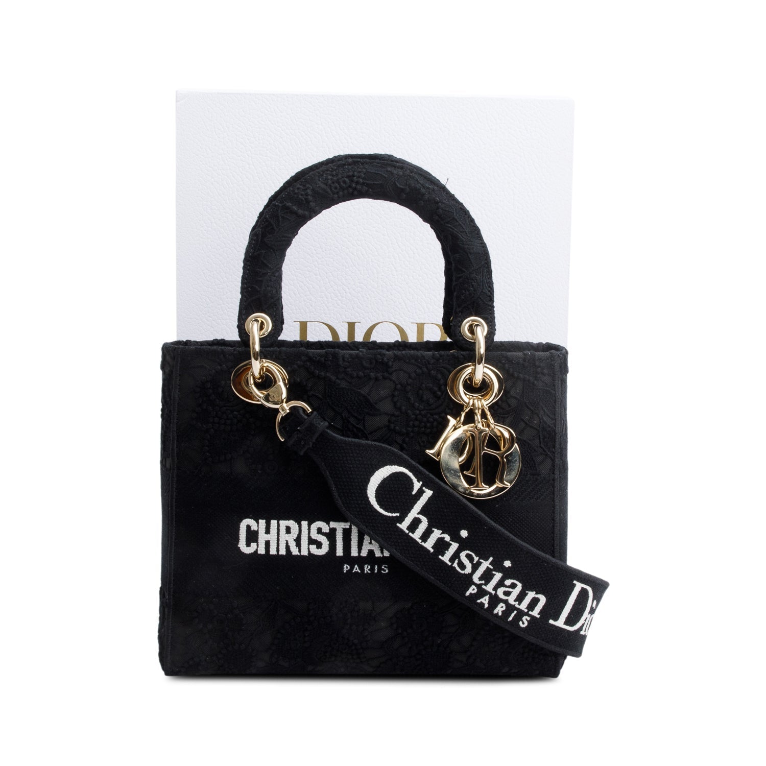 Dior Christian Lady D Lace Bag Canvas Black Travel Bag
