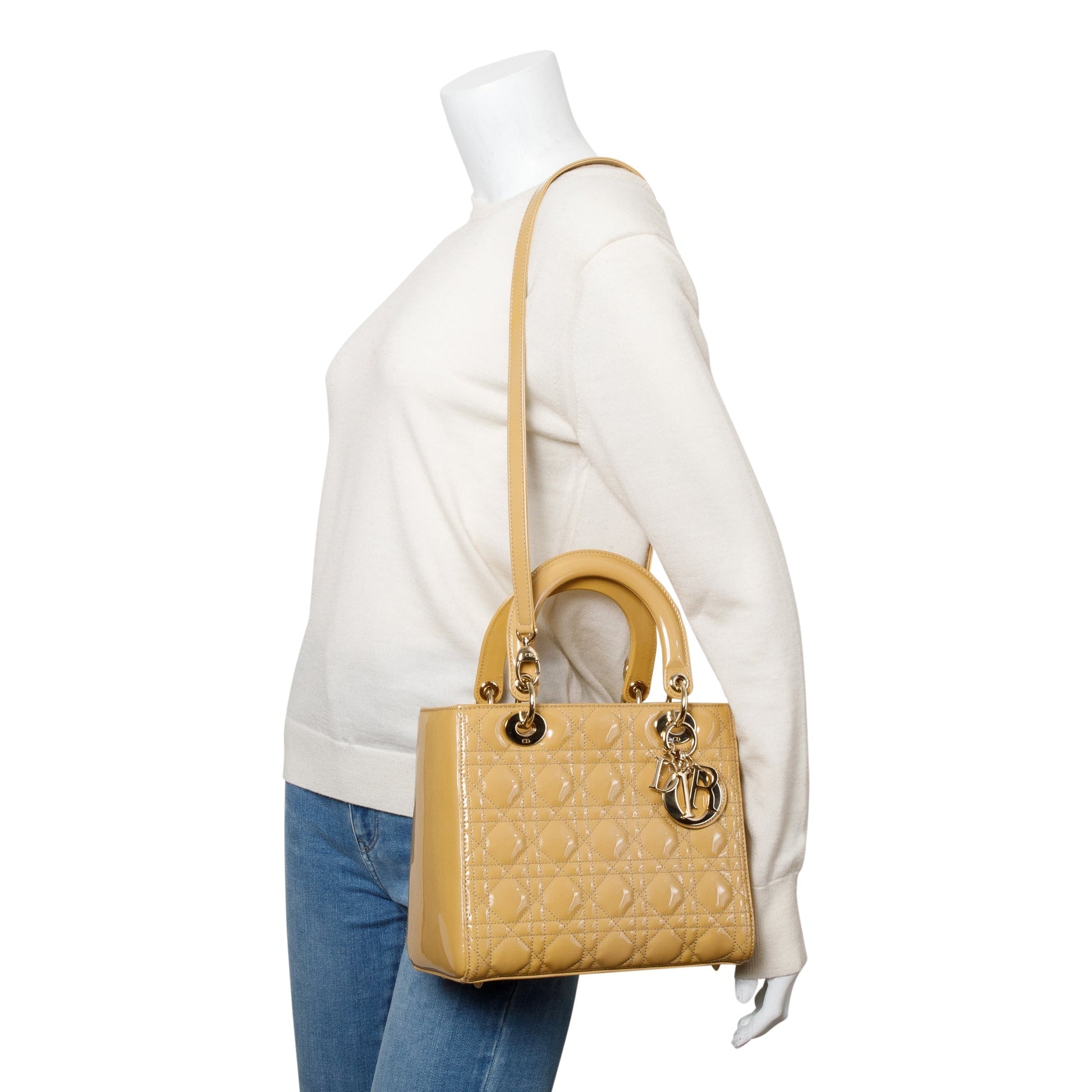 Dior Christian Cannage Patent Lady Bag Leather Beige Travel Bag