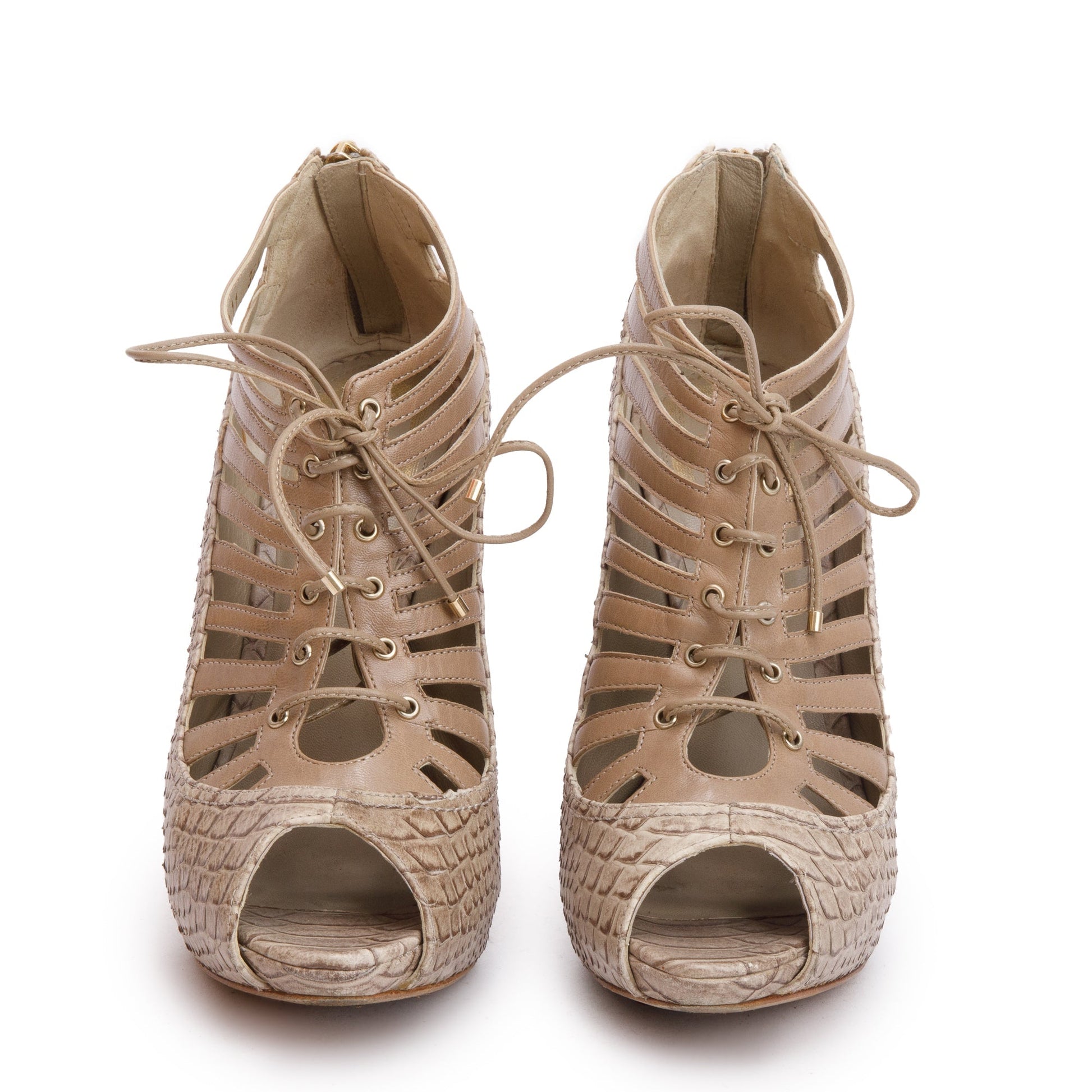Dior Christian Python Embossed Lace Up Peep Toe Leather Beige Shoes