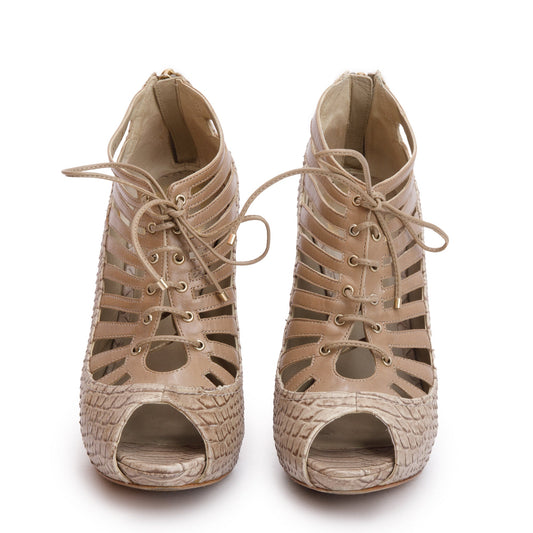 Dior Christian Python Embossed Lace Up Peep Toe Leather Beige Shoes