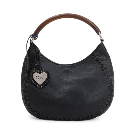Dior Christian Calfskin Wooden Handle Ethnic Braided Hobo Leather Black Travel Bag