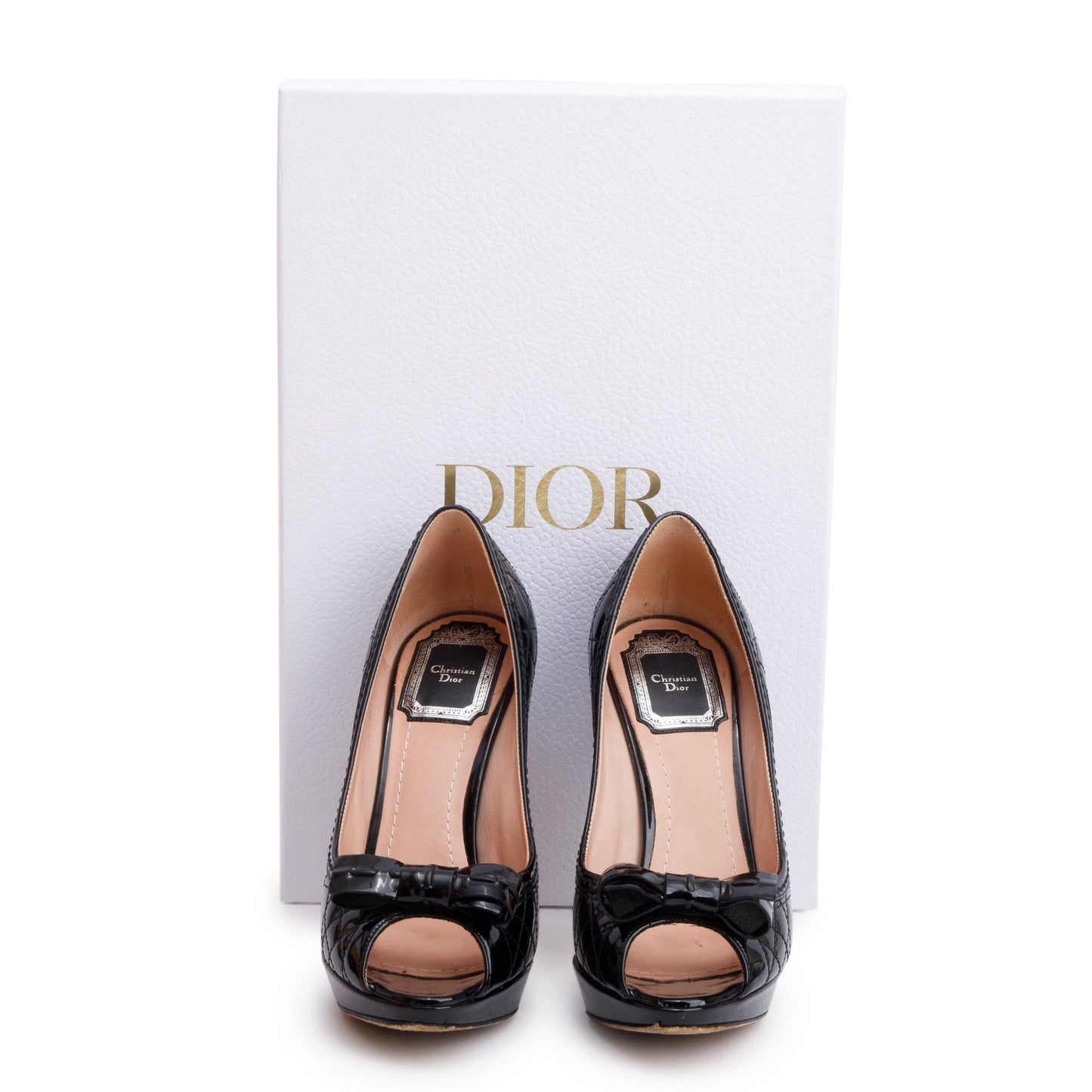 Dior Christian Cannage Patent Bow Peep Toe Pumps, Leather Black Shoes