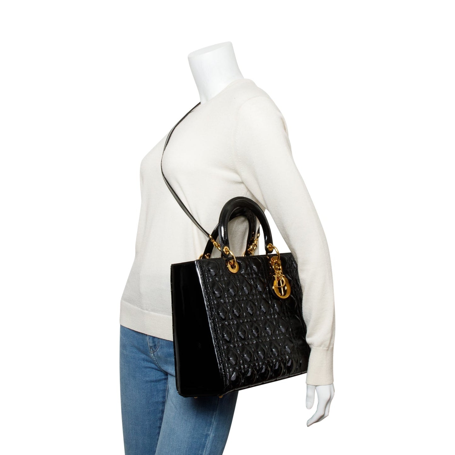 Dior Christian Cannage Patent Lady Bag Leather Black Travel Bag