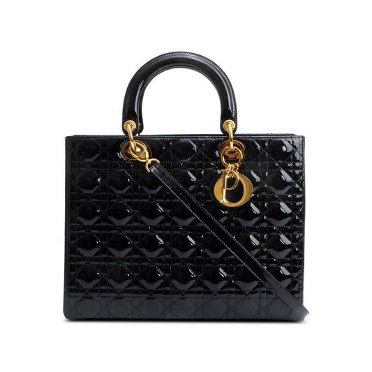 Dior Christian Cannage Patent Lady Bag Leather Black Travel Bag