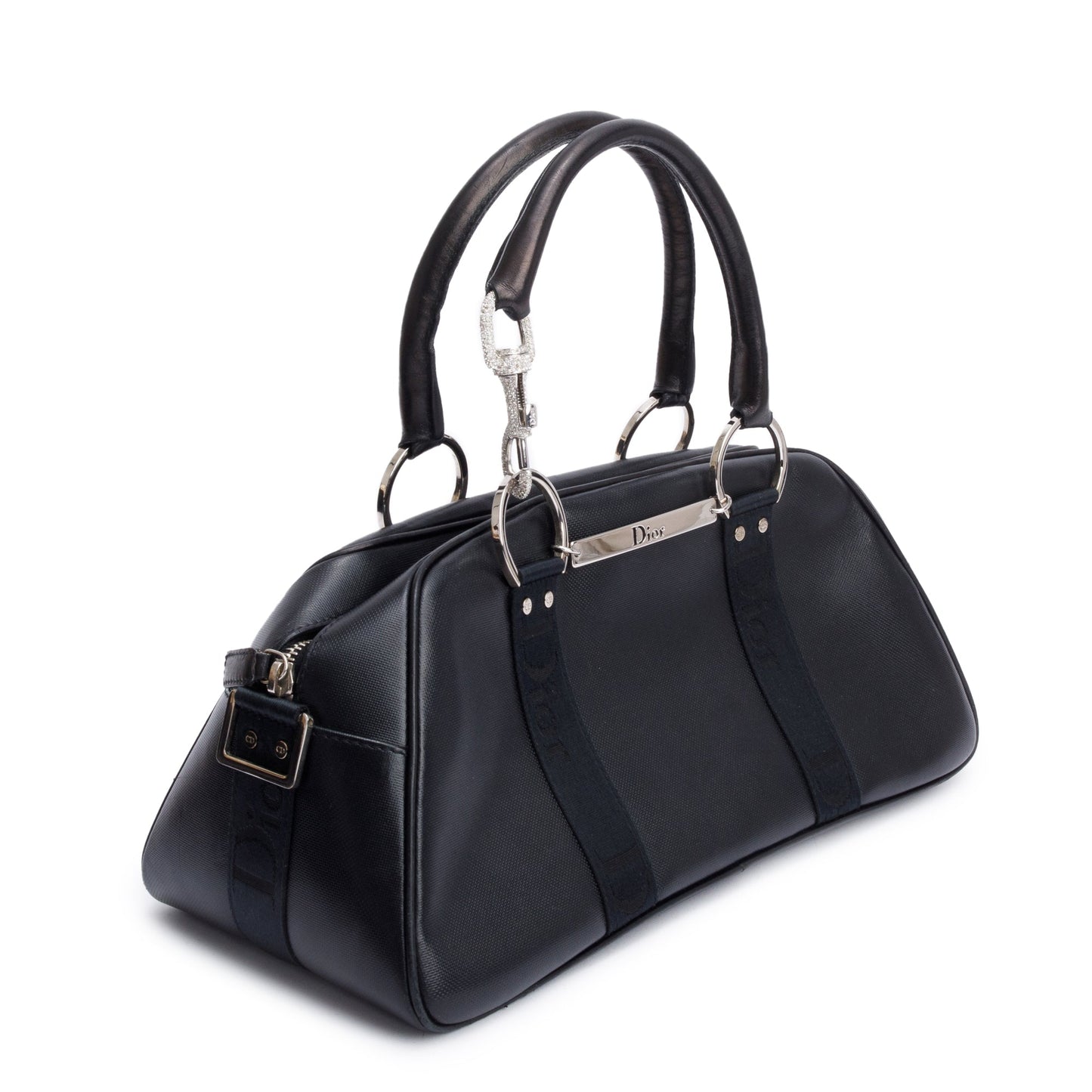 Dior Christian Crystal Embellished Hardcore Bowling Bag Leather Black Travel Bag