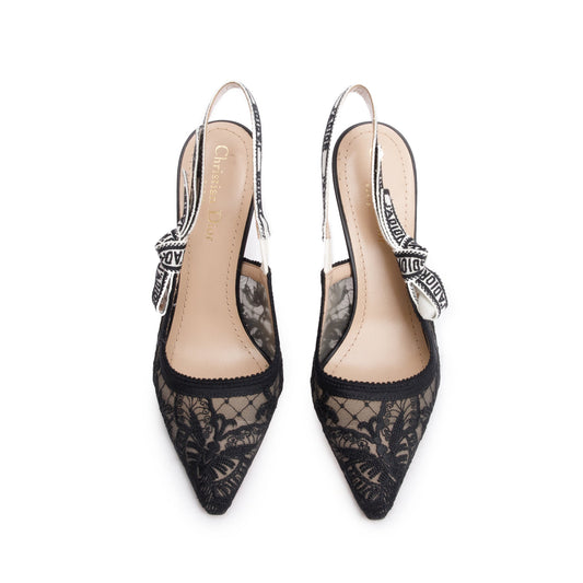 Dior Christian Mesh Chardons Embroidery J'A Slingback Pumps, Black Shoes