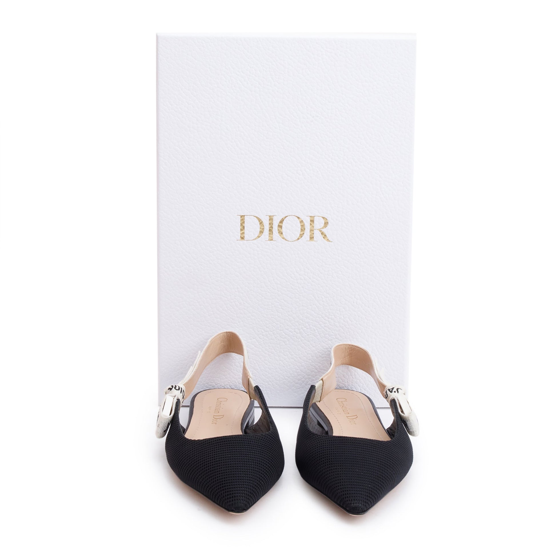 Dior Christian Technical Fabric Embroidery J'A Slingback Flats, Black Shoes