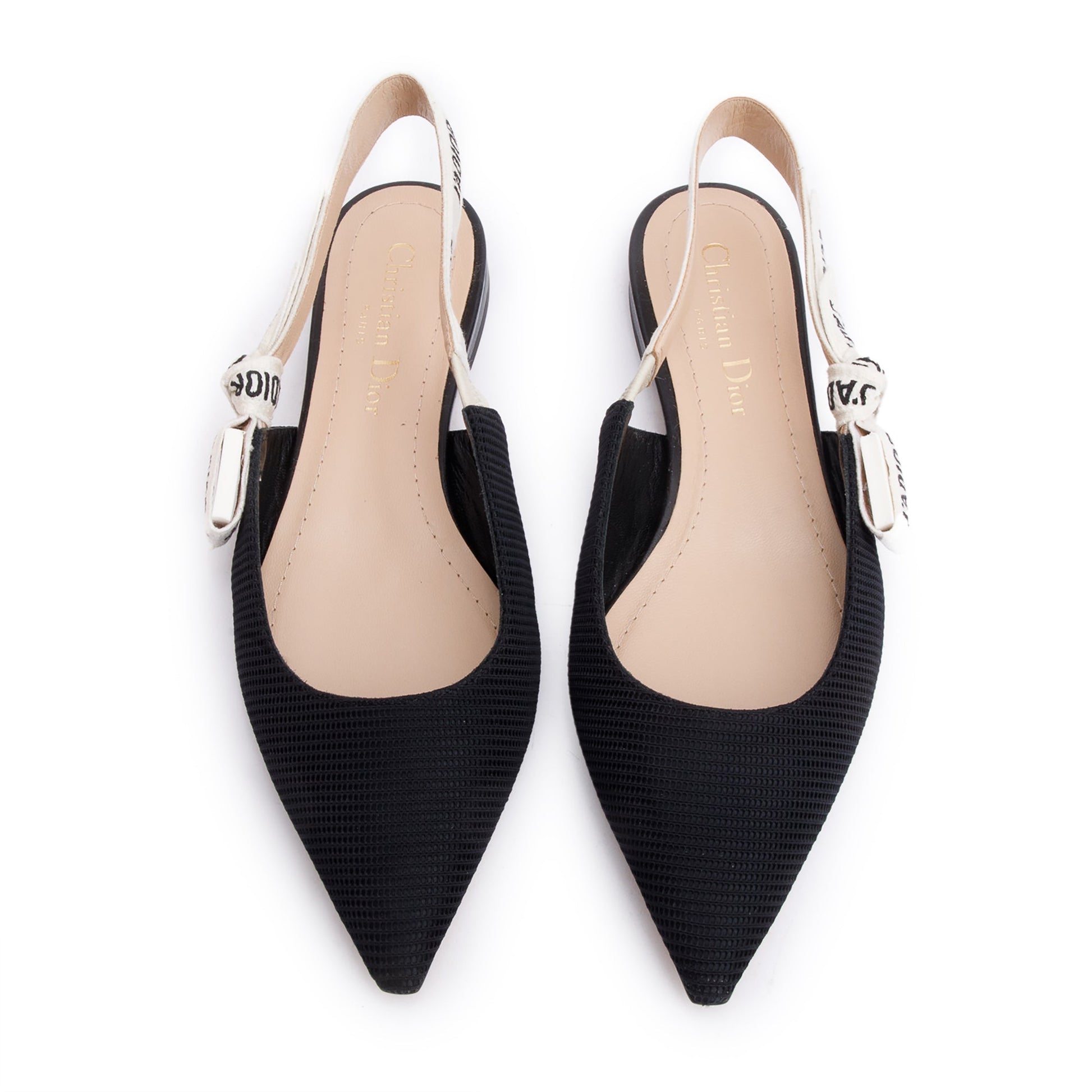Dior Christian Technical Fabric Embroidery J'A Slingback Flats, Black Shoes