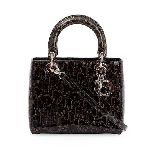 Dior Christian Ultimate Embossed Patent Lady Bag Leather Black Travel Bag