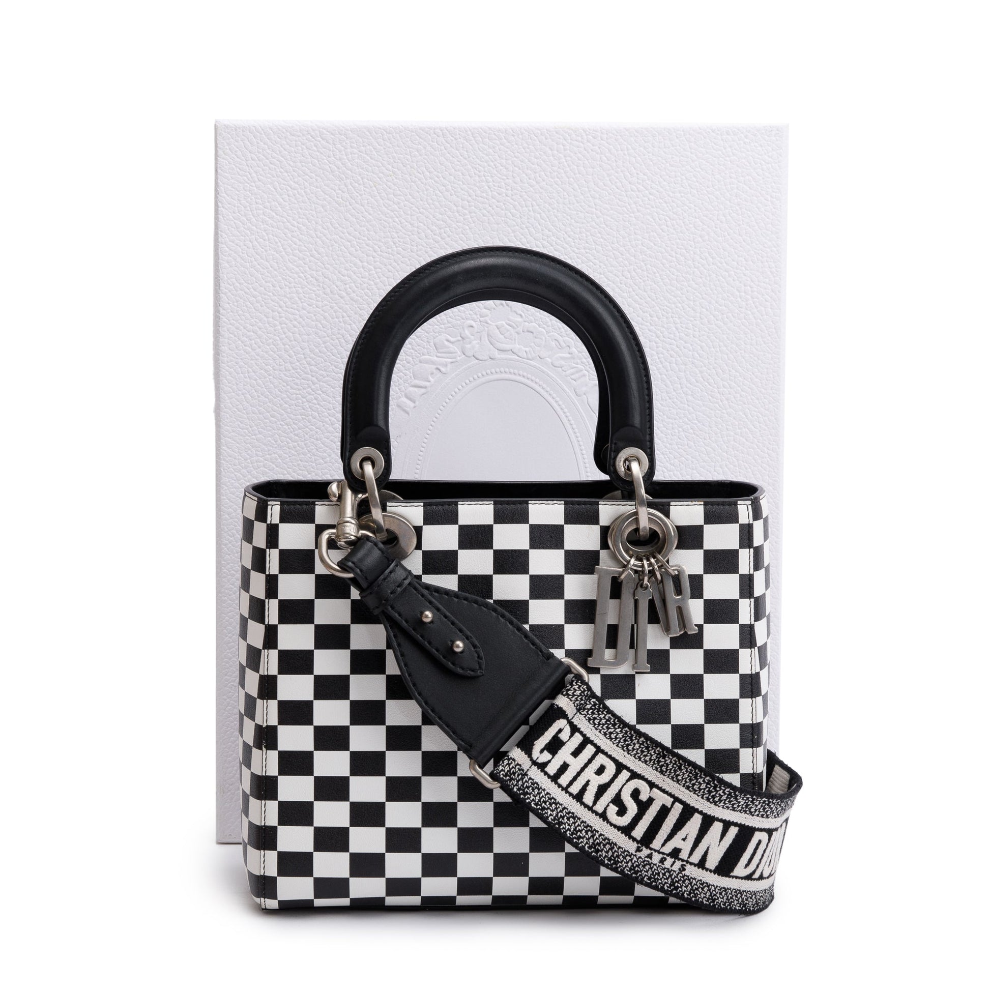 Dior Christian & Check Print Medium Lady Bag Leather Black Travel Bag