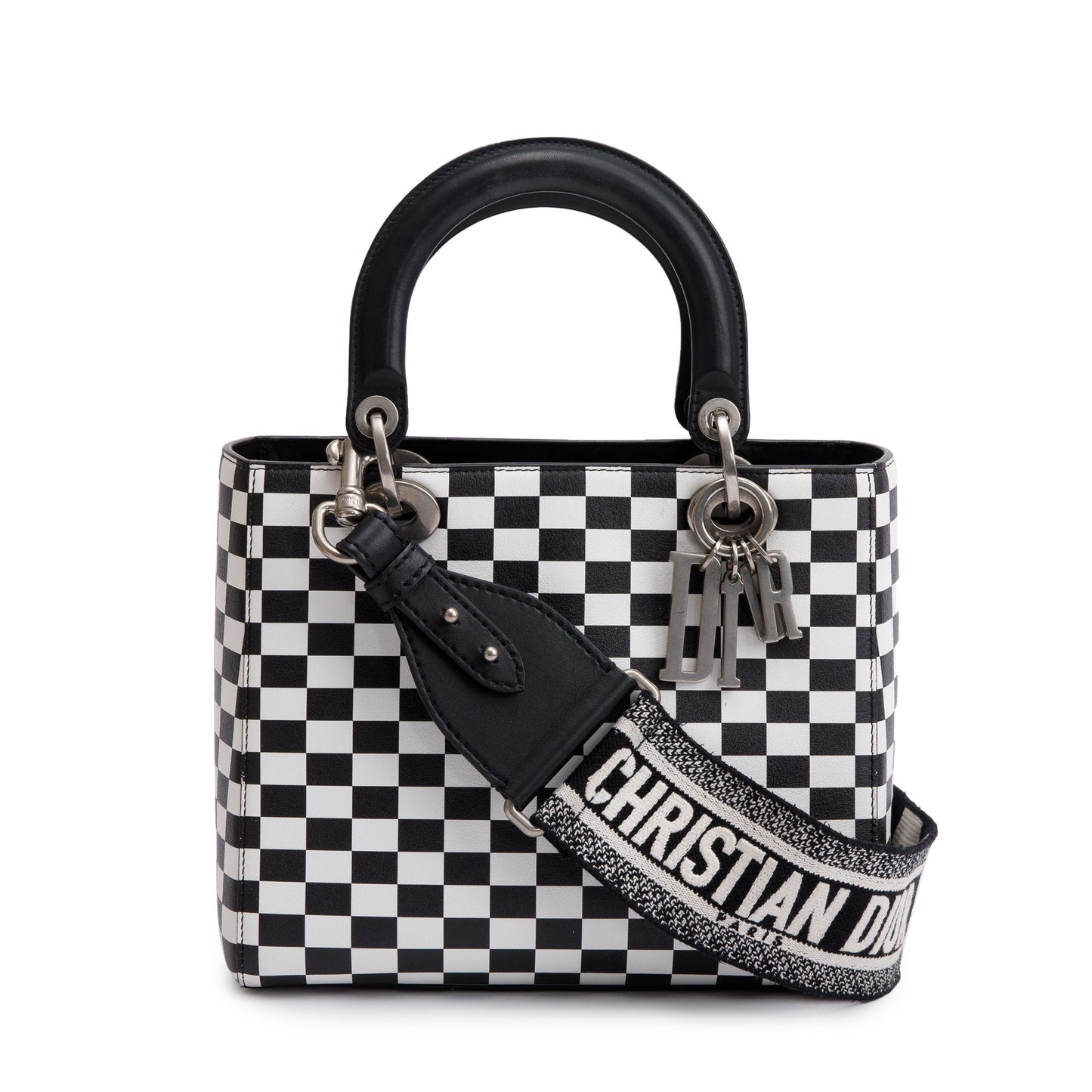 Dior Christian & Check Print Medium Lady Bag Leather Black Travel Bag